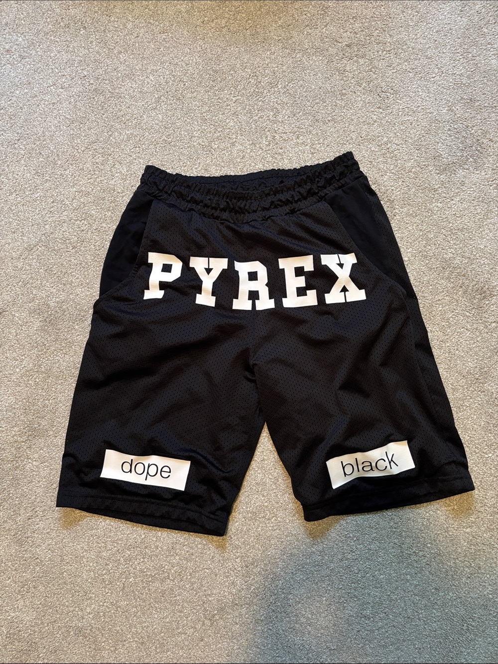 Denim Tears x Pyrex Black Mesh Logo Shorts with White Lettering